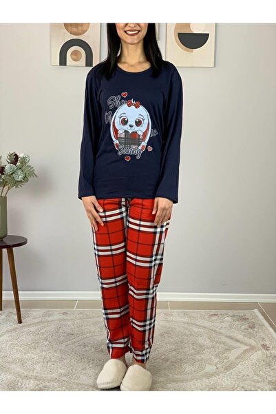 YusGos Women's Plaid Pattern Sleep Band Pajamas Set (Navy-Red)