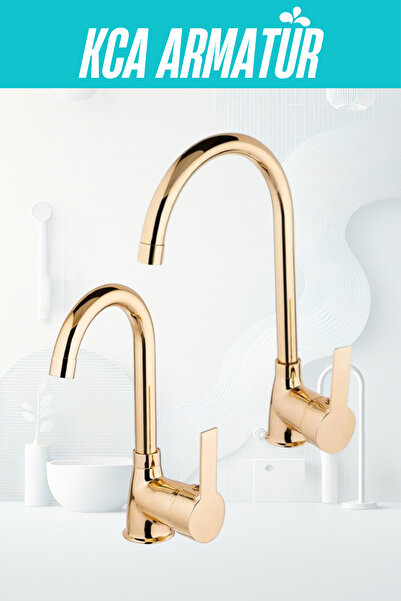 MOOSY صنبور حوض وحوض من الحديد الزهر باللون الذهبي بالكامل