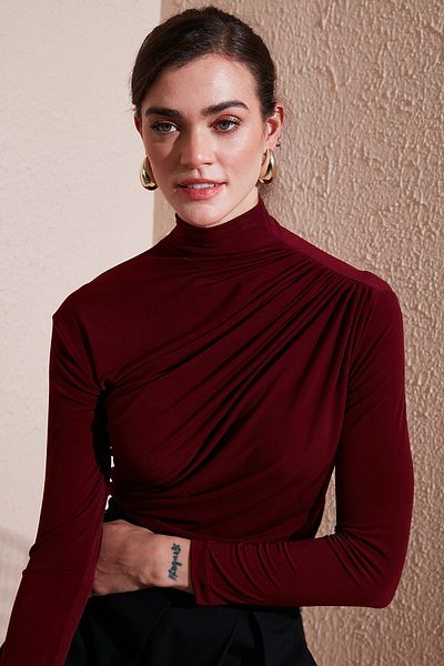 Lela Stretch Drawstring Detailed Slim Fit Stand Collar Blouse Bluz 669925