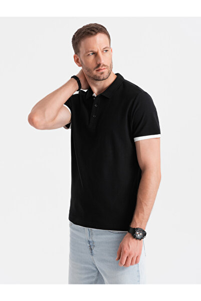 OMBRE Pánské bavlněné polo triko s kontrastním lemem - černá V8 OM-POSS-0113 S