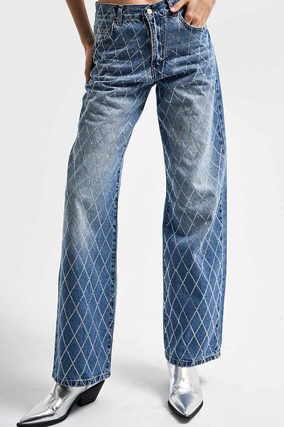 its basic Blugi de damă de culoare albastră Rita față complet cu pietre, denim cu talie mijlocie