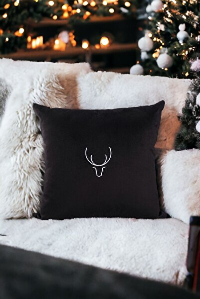 ASDİVA Christmas Themed White Deer Embroidery Detailed Decorative Throw Pillow Cover - Black