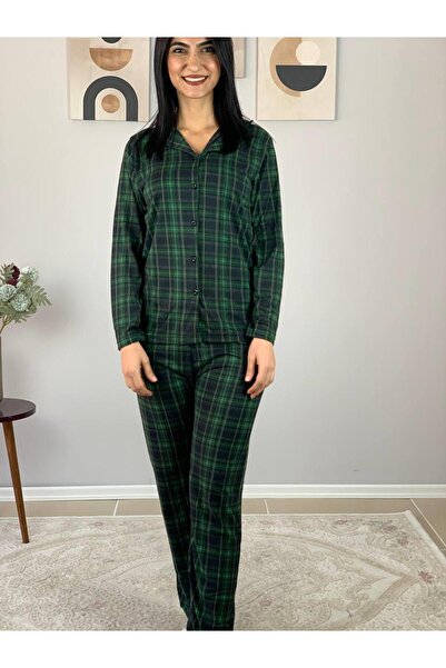 YusGos Women's Plaid Patterned Suede Buttoned Pajamas Set (Green)