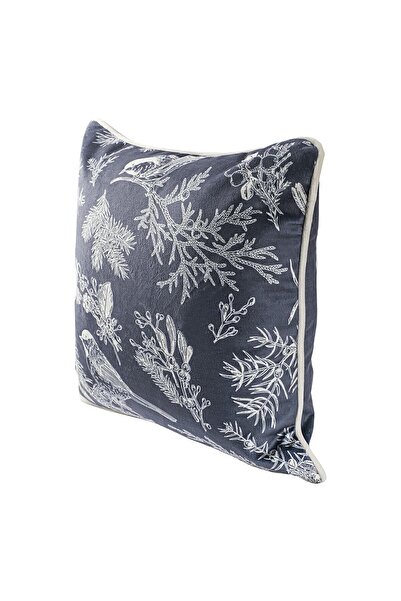 ASDİVA New Year Christmas Themed Gray Kokina Pine Cardinal Bird Patterned Gray Piped Throw Pillow Cover - Anthracite