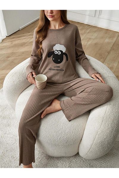 VG BOND MODA Sheep Embroidery Detailed Ribbed Double Women's Pajamas Set Vg131