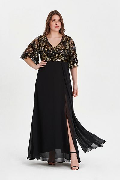 EVEN plus size فستان سهرة مطرز بالترتر الأسود مقاس كبير