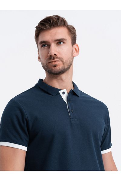 OMBRE Pánské bavlněné polo triko s kontrastním lemem - tmavě modrá V4 OM-POSS-0113 M