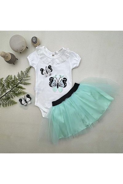 Ecenaz 9-12-18 Months Sequined Butterfly Embroidered Crowned Short Sleeve Tutu Skirt 3-Piece Baby Girl Set Water Green