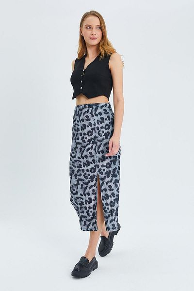 Mixray 4615 Women's Slit Leopard Pattern Pencil Skirt Anthracite