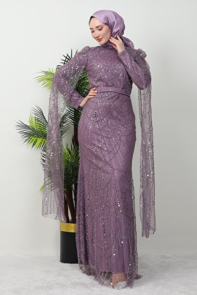 GİYZAMİLA Duru Taşlı Abiye Lila