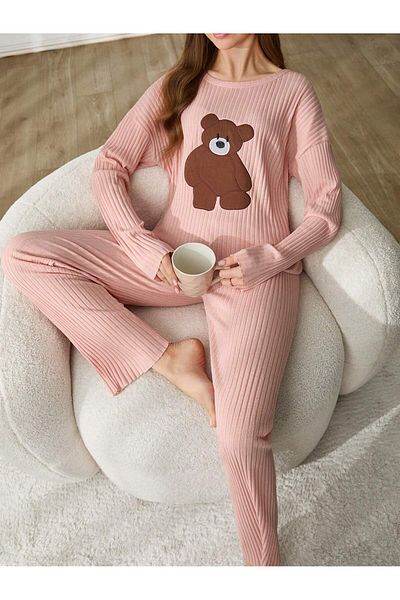 VG BOND MODA Teddy Bear Embroidered Ribbed Double Women's Pajamas Set Vg133