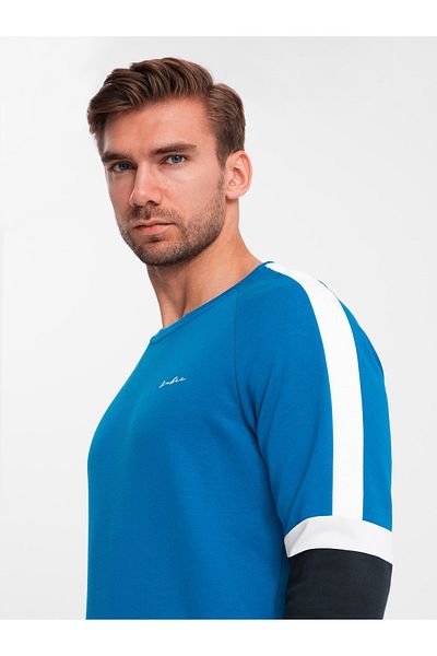 OMBRE Hanorac bărbătesc tricolor cu mâneci raglan - albastru V4 OM-SSNZ-22FW-003 M