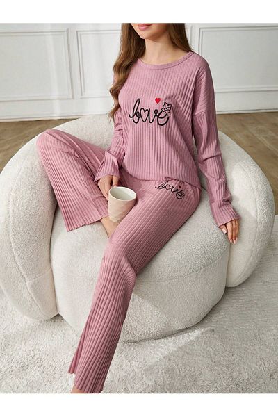 VG BOND MODA Women's Ribbed Love Long Sleeve Embroidered Pajamas Set - Vg128