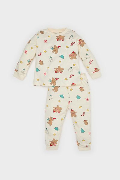 DeFacto Baby Boy Christmas Themed Pajamas Set Crew Neck Long Sleeve Top Elastic Waist Long Bottom
