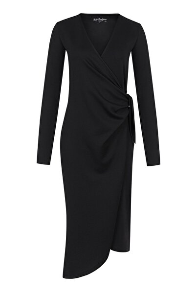 Eda Erdoğan Siyah Kruvaze Midi Boy Elbise