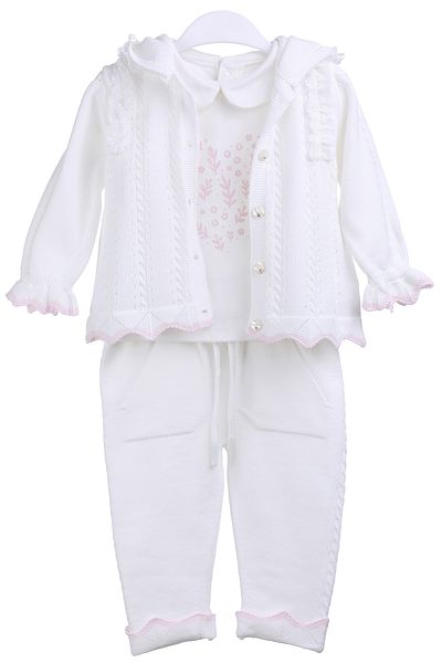 MİMBOKİDS Set de 3 bucăți pentru fetiță cu detaliu tricot - cardigan, pantaloni și body cu guler brodat