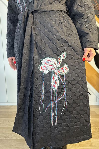 GÖKSEL Square Textured Floral Plus Size Coat - Black
