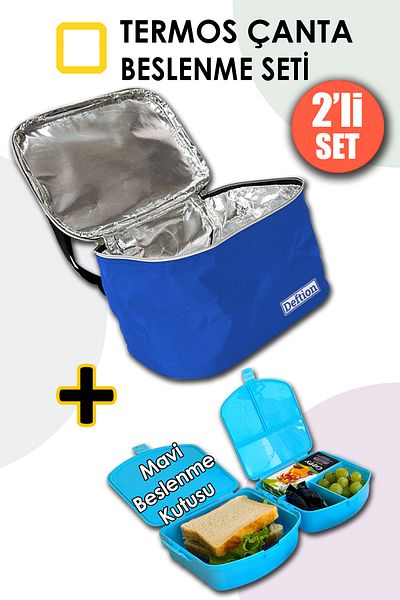 Deftion Premium Blue Boy's Lunch Box Thermal Thermos Thermos Bag and 4 Compartment Lunch Box