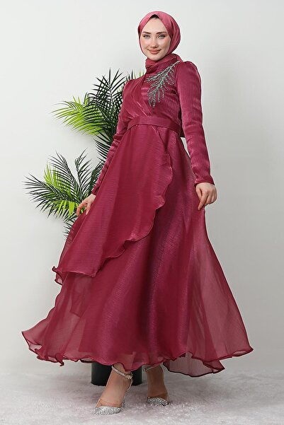 giz astore Taşlı Organze Abiye Fuşya