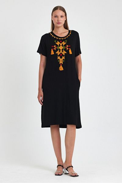 AYASOFYA OTANTIK Women's Black Yellow Ethnic Embroidery Detailed Short Sleeve Combed Cotton Dress