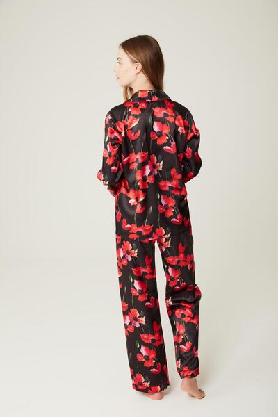 MISSDORE Raina-Red Flower Satin Pajama Set Black
