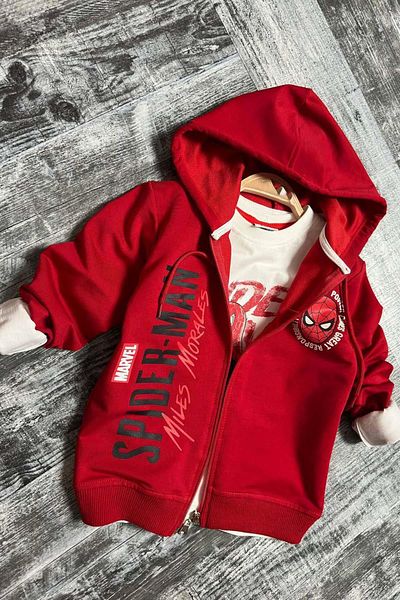 Riccotarz Boy's Spiderman Printed and Text Detailed Hooded Red Jacket Tracksuit Set