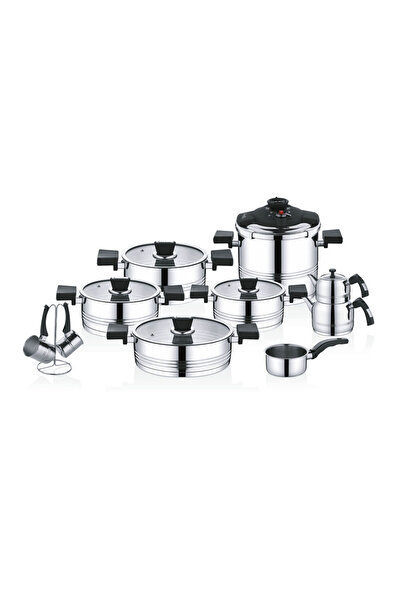 OMS Asil Silindir 18 Parça Çelik Tencere Seti Siyah 1138