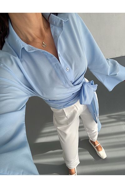 Cistern İstanbul Women's Blue Belt Detailed Tie-Up Shirt