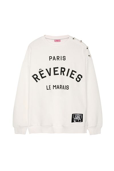 Quzu Crew Neck Printed White Sweatshirt - Shoulder Button Detail, 2 Thread