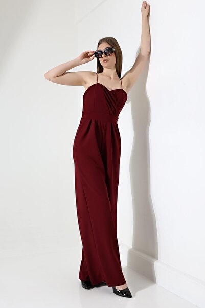 Deafox Burgundy Double Breasted Collar Imported Crepe Fabric Jumpsuit
