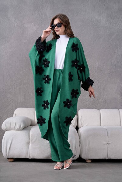 Miss Allos Kadın Önü Tül Çiçek İşlemeli Taş Detaylı Keten Kimono Ve Pantolon ...