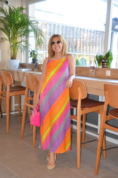 Papatya Uzun Renkli Saten  Elbise