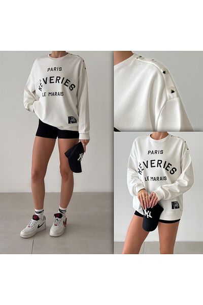 Quzu Crew Neck Printed White Sweatshirt - Shoulder Button Detail, 2 Thread