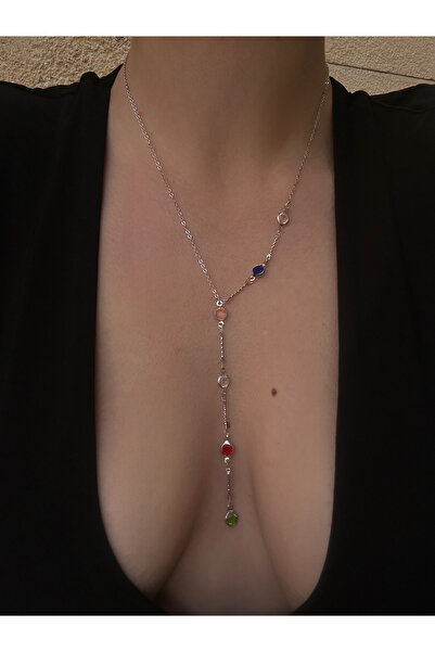 pop up store Renkli Taşlı Gümüş Renk Kolye