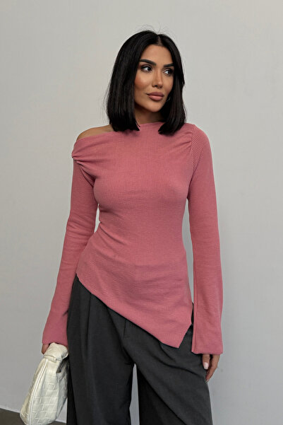 Bipantolon Γυναικεία ροζ ντραπέ λαιμόκοψη ασύμμετρη πλεκτή μπλούζα από Lycra