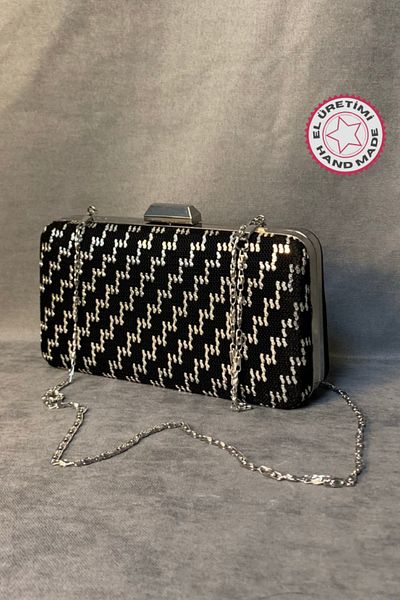 Uretti - Zekiye 2776 Geantă de rochie de seară neagră, de culoare argintie, lucrată manual - 10 X 20 Cm