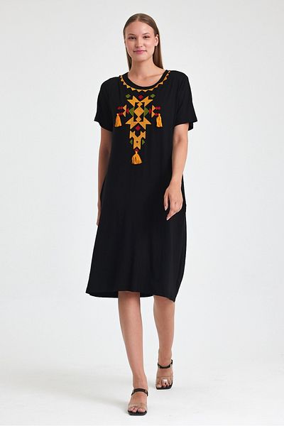 AYASOFYA OTANTIK Women's Black Yellow Ethnic Embroidery Detailed Short Sleeve Combed Cotton Dress