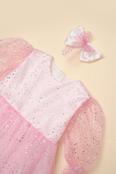 Tudekids TUDE KİDS KIZ ÇOCUK PEMBE YILDIZ BASKILI UZUN KOLLU TÜLLÜ ELBİSE