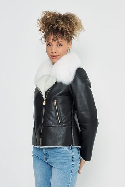 By Marki Marki Women's Black Leather Jacket - Biker Jacket, 62 Cm, Genuine Leather, White Fur Inside, Gold Zip -