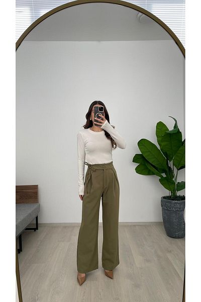 Nazline Women's Side Tie Button Detail Loose Leg Pants
