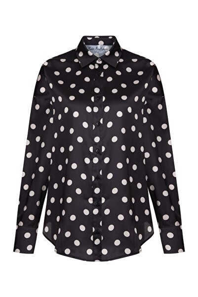 Eda Erdoğan Saten Gömlek Sırt Yırtmaç Detaylı (siyah Üzeri Beyaz Puantiyeli)