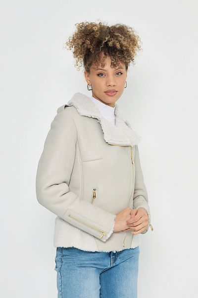 By Marki Marki Beige Women's Leather Jacket - 62 Cm, Genuine Curly Fur, Gold Detail Zip-Up - 116122