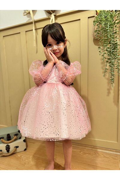 Tudekids Tude Kids Girl's Pink Star Printed Long Sleeve Towel Dress