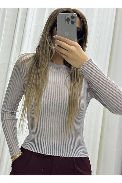 Daves Crew Neck Mesh Sheer Blouse-Gray