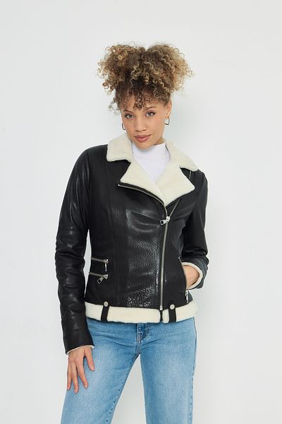 By Marki Marki 65 cm Leather Jacket with Fur Collar - Double Breasted and Zip-Up, Spring - 116222