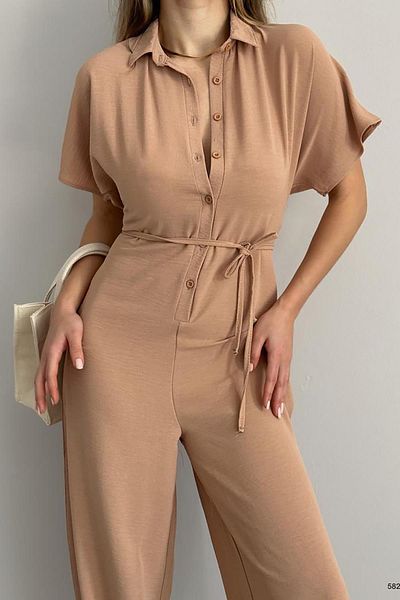 Deafox Camel Shirt Collar Buttoned Aerobin Fabric Jumpsuit