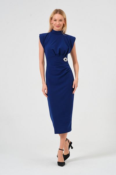 Moda Palmiss Γυναικείο φόρεμα Saks Blue Drape με λεπτομέρεια με επένδυση και λεπτομέρεια καρφίτσας