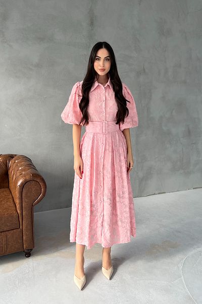 Seda Yalçın Atelier Pink Venyl Balloon Sleeve Flared Dress with Belt