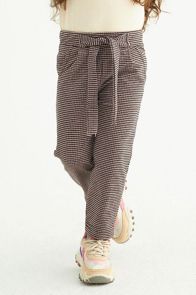 zepkids Plaid Patterned Belted Waist Black Powder Color Girls' Trousers