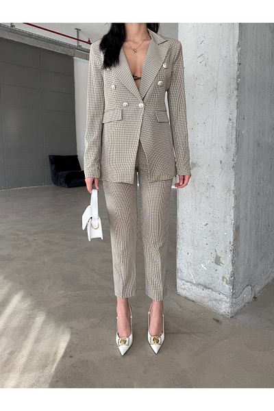 Female Clothing Asymmetrical Gingham Blazer Jacket with Belt High Waist Pocket Pants Suit